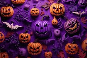 Top view Skulls, pumpkins and horror elements on purple background for holiday Halloween. Generative AI photo