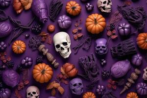 Top view Skulls, pumpkins and horror elements on purple background for holiday Halloween. Generative AI photo