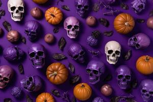 Top view Skulls, pumpkins and horror elements on purple background for holiday Halloween. Generative AI photo