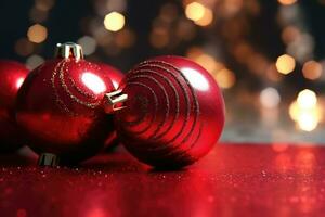 Gift box with red ribbon and red christmas ball in front of bokeh red background. Generative AI photo