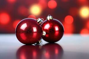 Gift box with red ribbon and red christmas ball in front of bokeh red background. Generative AI photo
