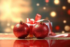 Gift box with red ribbon and red christmas ball in front of bokeh red background. Generative AI photo