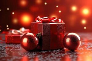 Gift box with red ribbon and red christmas ball in front of bokeh red background. Generative AI photo