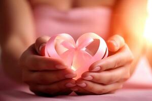 A close - up photography focusing on a woman's hands forming a heart shape with a pink ribbon against a soft pink background. Breast Cancer. photo