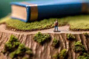 A macro shot of a miniature student figurine trekking up a hill made of an open book. Generative AI photo