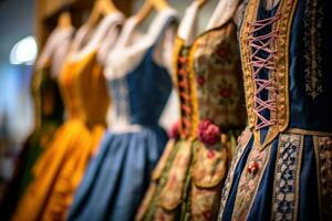 A close - up photo of a group of traditional Oktoberfest dirndl dresses, showcasing their vibrant colors and intricate details. Generative AI
