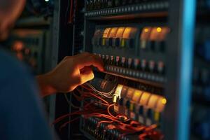 An engineer repairs a control panel with complex electrical wiring. Generative AI photo