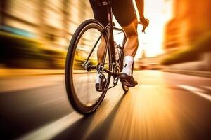 el energía y emoción de un ciudad calle en un de cerca Disparo de un ciclista. desenfocado imagen. generativo ai foto