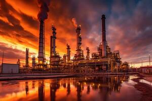 el industrial paisaje de un petróleo refinería planta en el petroquímico industria. generativo ai foto