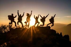 A dynamic shot of hikers at the peak of a mountain, their arms thrown up in joy. Generative AI photo