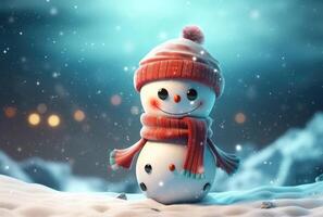 Snowman in the snow, in front of glowing lights and bokeh effect in the background. Christmas Concept. photo