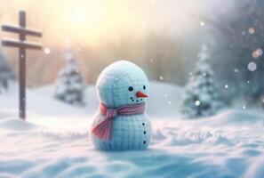 Snowman in the snow, in front of glowing lights and bokeh effect in the background. Christmas Concept. photo