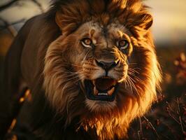 A stunning shot of a roaring lion during sunset in the African savanna.  Generative AI photo