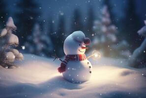 Snowman in the snow, in front of glowing lights and defocussed in the background. Christmas Concept. Generative AI photo