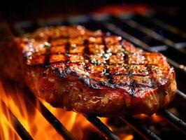 A close - up shot of a perfectly grilled steak sizzling on a barbecue grill. photo