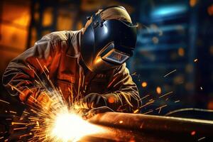 Welding workshop. Close - up shot of a welder wearing protective gear, with sparks flying in the air. Generative AI photo