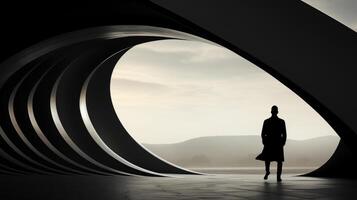 Abstract shot, man walking on a Moebius strip. Generative AI photo