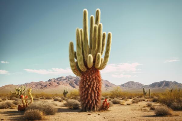 Desert Agave and Saguaro Cacti Mountains Background Wallpaper