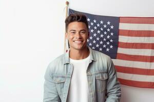 Photo of handsome american man posing in front of american flag. Generative AI