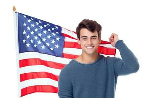 Photo of handsome american man posing in front of american flag. Generative AI