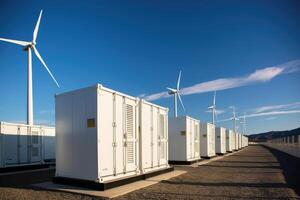 Rows of wind turbines and solar energy storage facility in the background. Generative AI photo