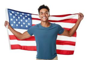 Photo of handsome american man posing in front of american flag. Generative AI