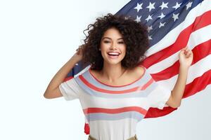 Photo of beautiful american woman posing in front of american flag. Generative AI