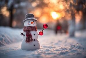 Snowman in the snow, in front of glowing lights and bokeh effect in the background. Christmas Concept. photo