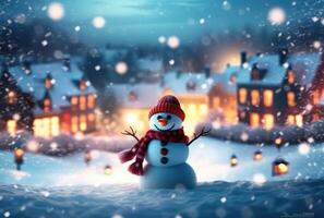 Snowman in the snow, in front of glowing lights and bokeh effect in the background. Christmas Concept. Generative AI photo