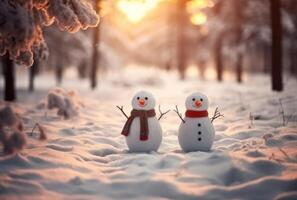 Snowman in the snow, in front of glowing lights and bokeh effect in the background. Christmas Concept. photo