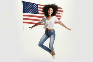 foto de hermosa americano mujer posando en frente de americano bandera. generativo ai
