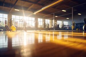 Gym interior photo with sunlight leaking through the window. Generative AI