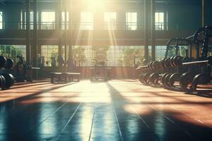 gimnasio interior foto con luz de sol fugas mediante el ventana. generativo ai