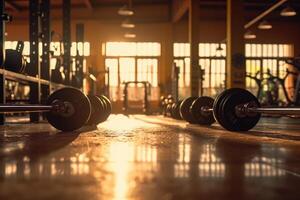 Gym interior photo with sunlight leaking through the window. Generative AI