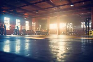 Gym interior photo with sunlight leaking through the window. Generative AI