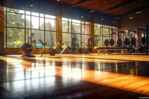 Gym interior photo with sunlight leaking through the window. Generative AI