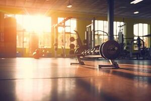 Gym interior photo with sunlight leaking through the window.
