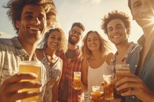 grupo de joven amigos riendo con frío cervezas a verano fiesta. generativo ai foto