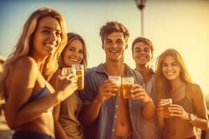 grupo de joven amigos riendo con frío cervezas a verano fiesta. generativo ai foto