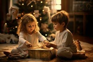 Photo of children opening gift boxes in front of a pine tree on New Year's Eve. Generative AI