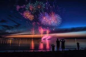 Silhouettes of people celebrating and watching fireworks display. Generative AI photo