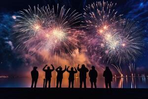 siluetas de personas celebrando y acecho fuegos artificiales mostrar. generativo ai foto