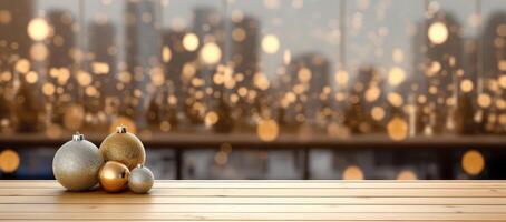 Christmas decorations on wooden floor, lights with bokeh effect in the background. photo