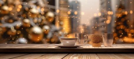 Christmas decorations on wooden floor, lights with bokeh effect in the background. photo