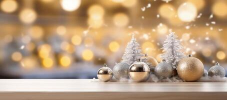 Christmas decorations on wooden floor, lights with bokeh effect in the background. photo