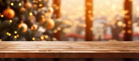 Christmas decorations on wooden floor, lights with bokeh effect in the background. photo