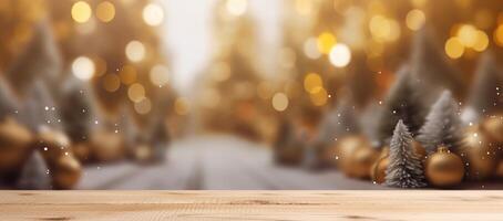 Christmas decorations on wooden floor, lights with bokeh effect in the background. photo