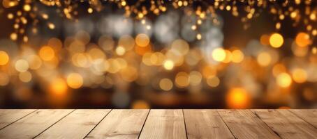 Christmas decorations on wooden floor, lights with bokeh effect in the background. photo
