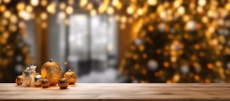 Christmas decorations on wooden floor, lights with bokeh effect in the background. photo