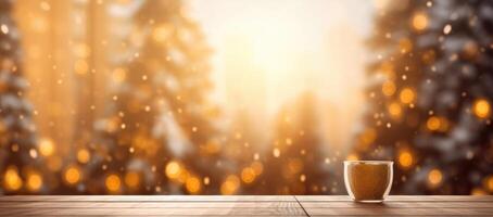 Christmas decorations on wooden floor, lights with bokeh effect in the background. photo